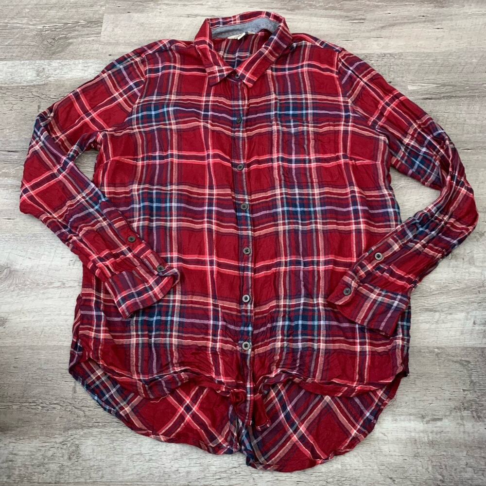 LUCKY Brand Button Up Shirt Womens Large L Red Plaid Lightweight Long Sleeve Top
